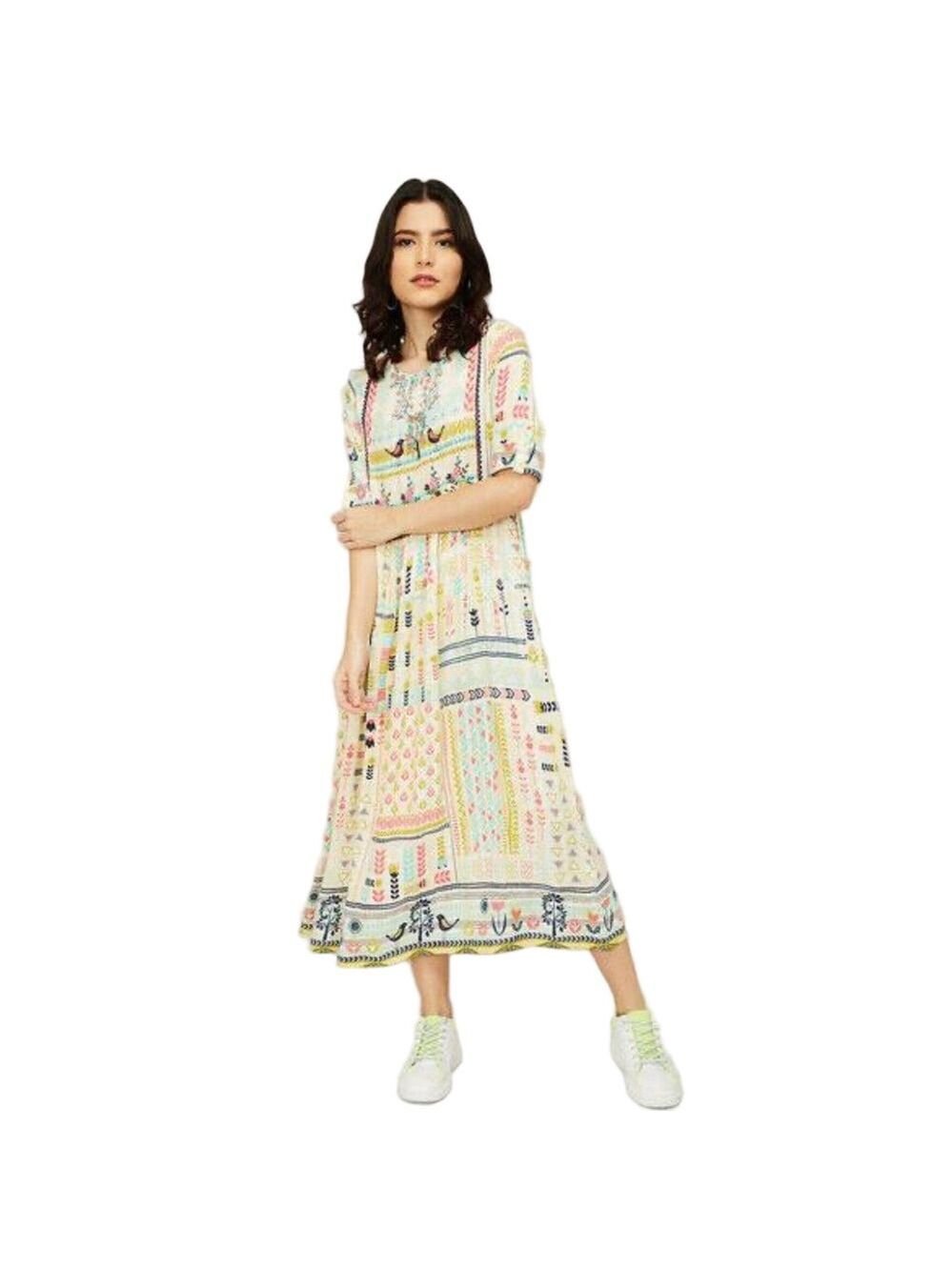 Folk art embroidered pastel print embroidered yoke dress Small tassel detail